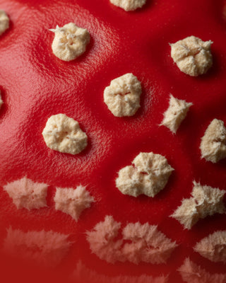 Red fly agaric mushroom cap with white spots in close-up — skincare for stressed, breakout-prone skin from Mushroom Envy
