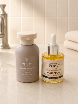 Mushroom Envy Ritual Bundle with Reishi Reset powder cleanser and Face Food 40 ml Rose Geranium face oil