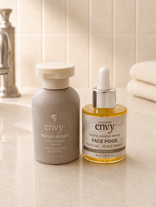 Full size Face Food 40 ml organic face oil paired with Reishi Reset powder cleanser in the Mushroom Envy Ritual Bundle